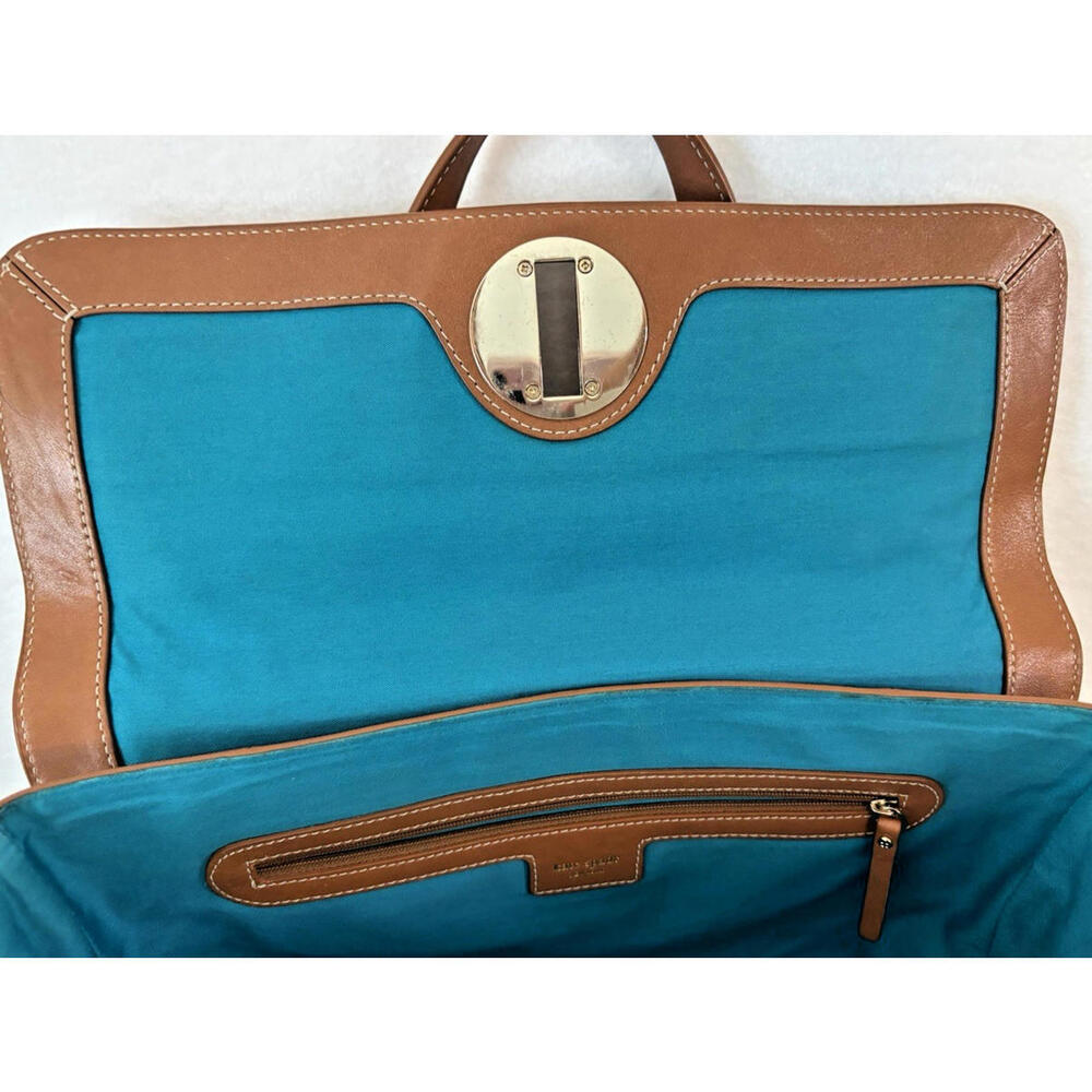 Kate Spade Brown Leather Flap Purse Bag Tote Satchel Fabric Lined 13" x 10" - Picture 8 of 9